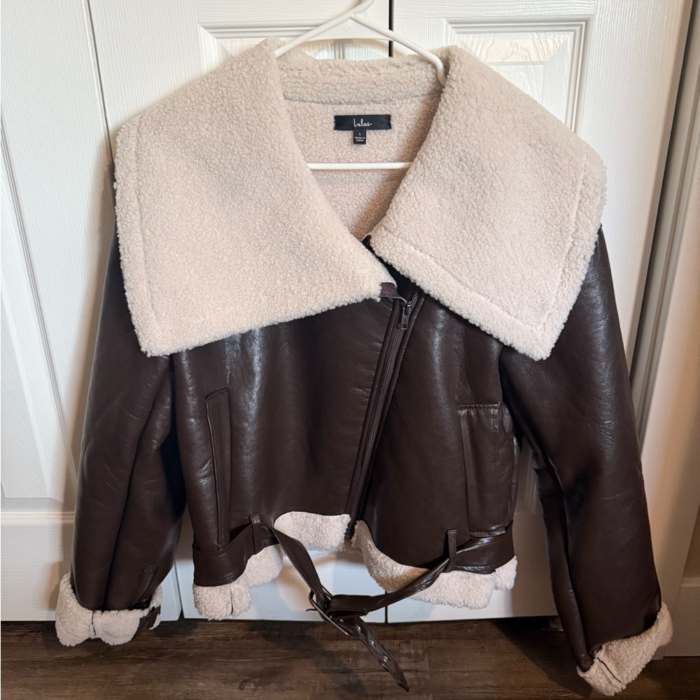 Lulu's Chocolate Brown Faux-Leather Sherpa Aviator Jacket with Cream Collar